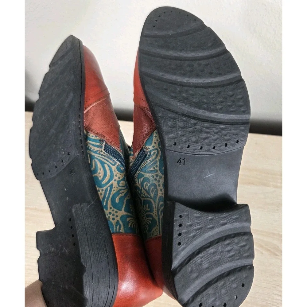 Socofy Bohemian Leather Ankle Boots Orange Red Teal Floral Side Zip Women's...